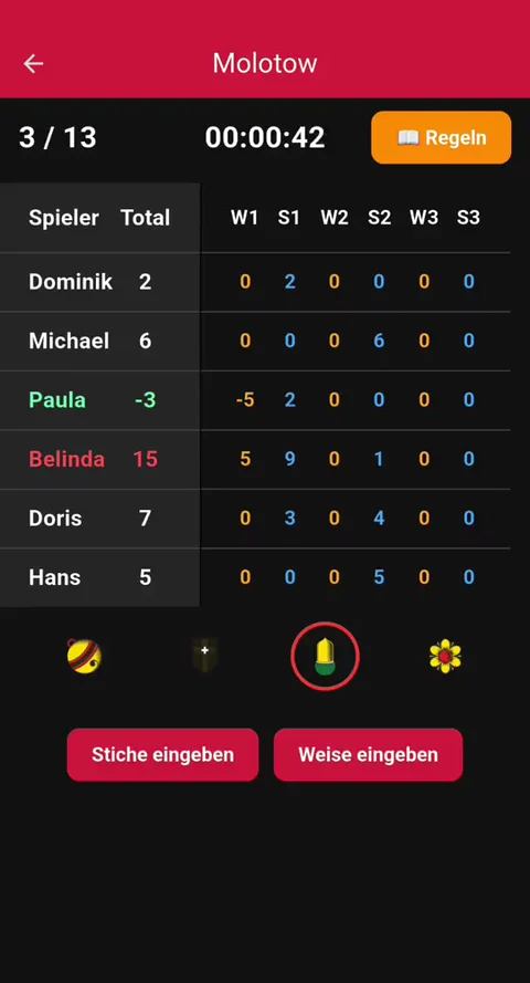 Molotow Jass auf dem Smartphone: Punktetabelle mit sechs Spielern, Rundenzähler und Spielzeit